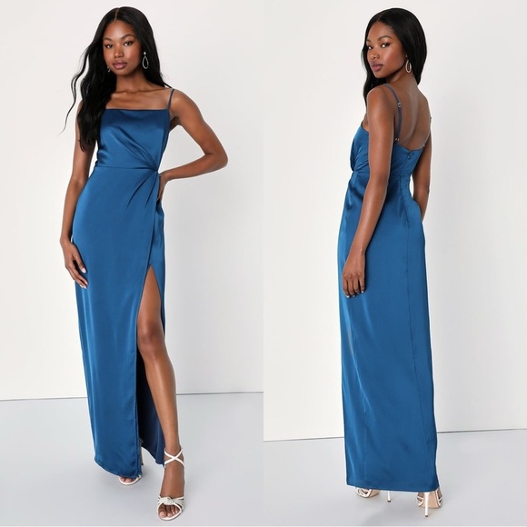 Size L - NWOT Lulus Destiny Awaits Navy Blue Satin Faux-Wrap Maxi Dress‎ - Picture 1 of 7